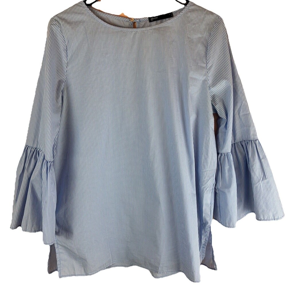 Gibson Women’s Light Blue Stripe Flares Sleeve Blouse Size Large
